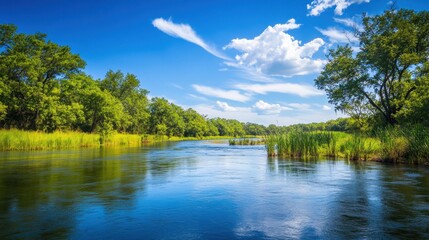 Obraz premium A river with a clear blue sky above it. The water is calm and the grass is green 