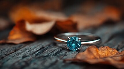 A lively blue ring with a stunning gemstone placed on a rustic wooden surface, adorned with leaves, blending vivid color with natural texture and earthy tones.