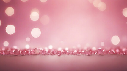 romantic valentine pink template with glass bubbles, crystals, gems and bokeh lighting background, copy space for text