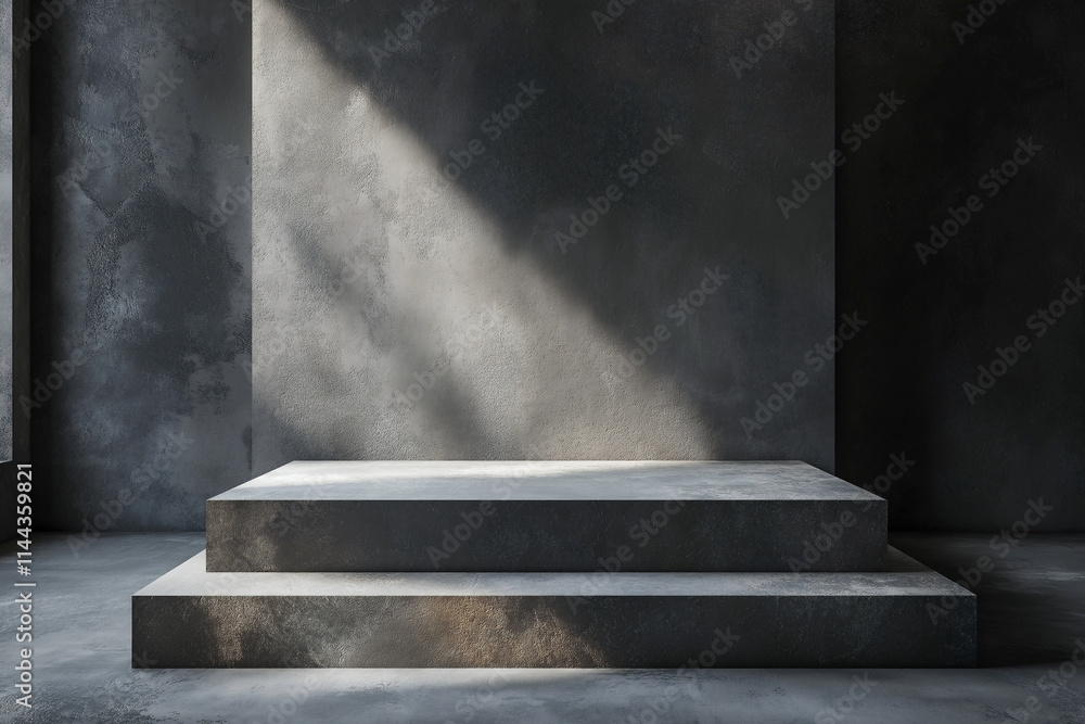 Poster concrete podium with sharp edges illuminated by soft light in a minimalist space. generative ai