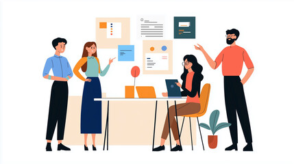 Creative Team Discussing Project in Office, Flat Design Illustration