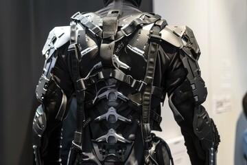 Fototapeta premium Engineer is wearing a futuristic exoskeleton prototype at a tech conference