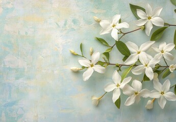 Obraz premium Delicate White Flowers with Green Leaves on a Soft Blue Background, Perfect for Nature Inspired Design and Relaxing Ambiance