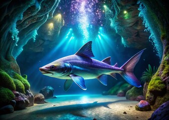 Fototapeta premium Iridescent Shark Catfish: Surreal Underwater Fantasy, Bioluminescent Fish, Aquatic Life, Deep Sea Creature, Mystical Fish Photography