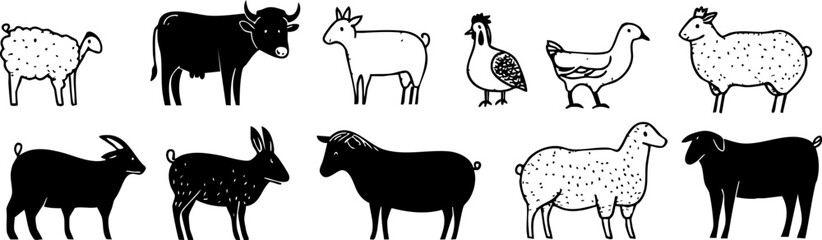 Fototapeta premium A collection of hand-drawn black and white farm animals including sheep, goats, cows, chickens, and rabbits.