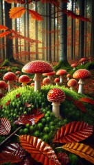 Naklejka premium Vibrant Red Fly Agaric Mushrooms Growing in the Autumn Forest
