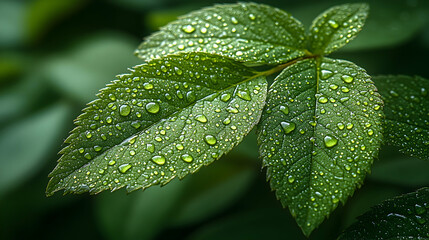Dew drops on vibrant green leaves.