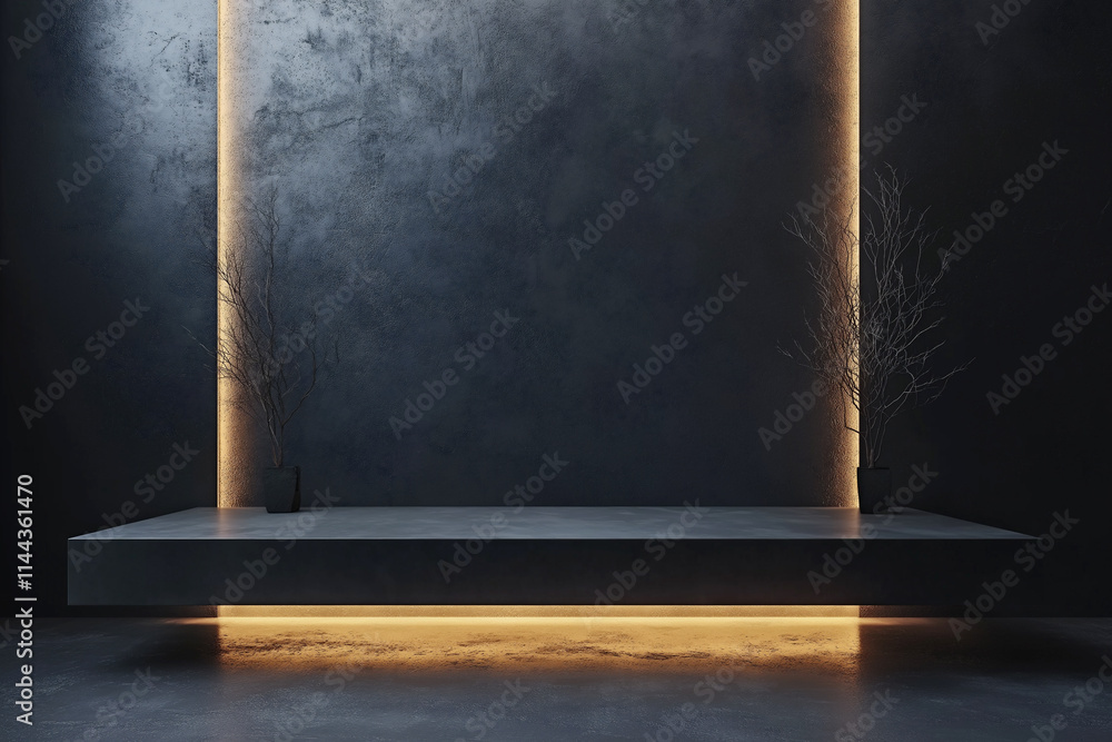 Poster floating metallic podium with sleek edges illuminated by warm light. generative ai