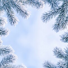 Frost-covered pine branches create a serene and tranquil winter scene, showcasing the beauty of nature in a snowy landscape with a peaceful atmosphere.