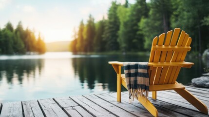 A wooden chair gently illuminated by the setting sun sits on a dock, offering a peaceful retreat with a blissful view over the tranquil lake surrounded by forests.