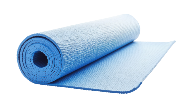 A Neatly Rolled Light Blue Yoga Mat Perfect for Home Workouts, Yoga Classes, or Fitness Sessions. Ideal for Promoting Relaxation and Wellness..