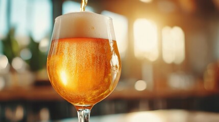 In a soft, warmly lit environment, a glass of golden beer gleams invitingly, with bubbles ascending and a perfect foam head crowning a refreshing drink.