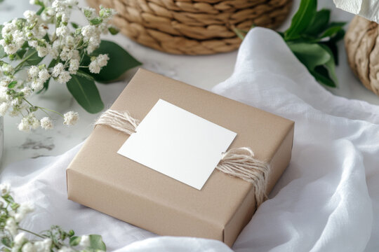 White square empty gift sticker mockup on gift box with white ribbon, adhesive label for design presentation. 
