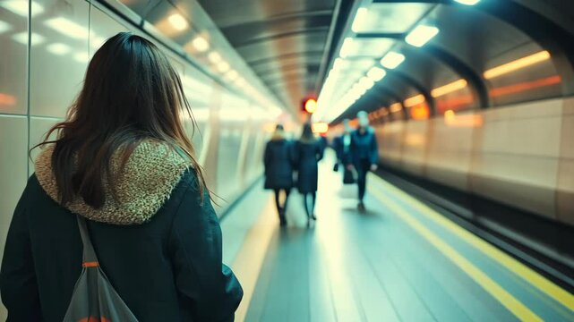 Young woman standing metro on a subway platform, with commuters bustling through the urban environment in the background