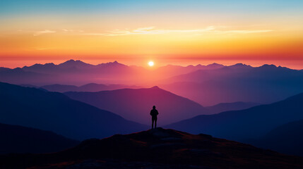 Explorer at the edge of a precipice, silhouetted against the pastel hues of a setting sun over distant peaks