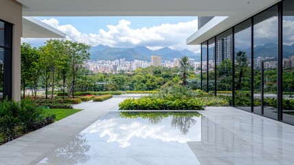 Fototapeta premium Modern building terrace featuring a reflecting pool, manicured gardens, and a distant city skyline under a cloudy blue sky.