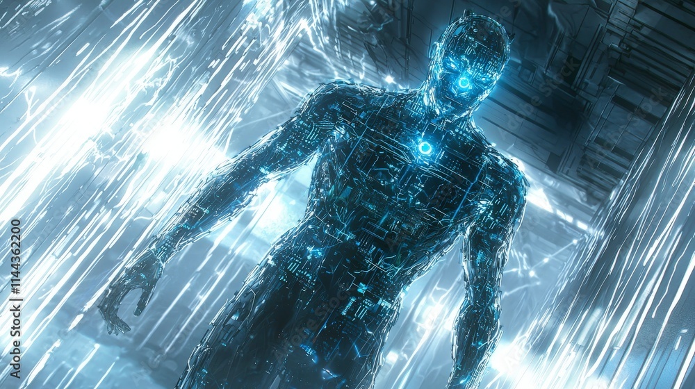 Poster cybernetic humanoid figure in translucent design futuristic lab digital art sci-fi environment close