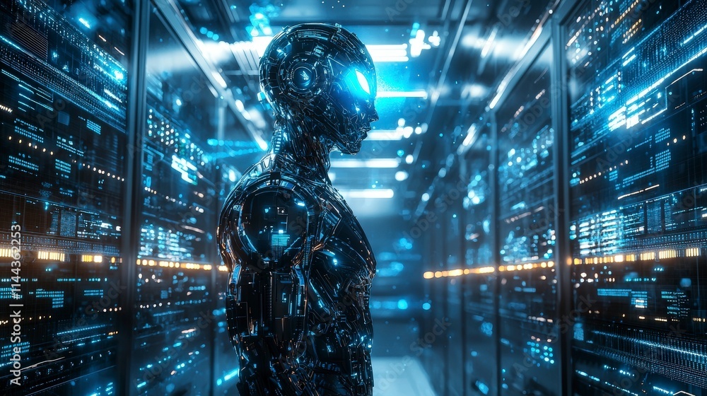 Poster cybernetic humanoid with bright blue core in a data center futuristic environment science fiction co