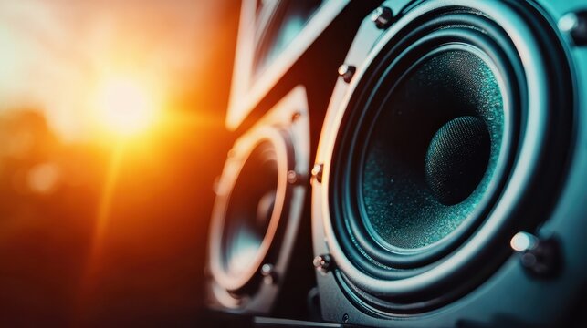 Two speakers are captured in dynamic interplay with sunlight, symbolizing a blend of technology and nature, creating an inspiring visual and audio synergy.