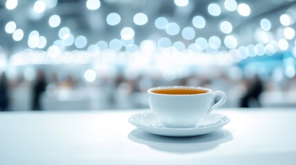 Fototapeta premium A Cup of Coffee on the Table with Blurred Background | Business Meeting, Social Gathering, Modern Cafe, Restaurant Interior, Sunny Day, Copy Space