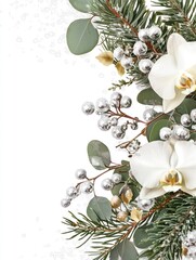 Elegant Christmas Floral Frame with Greenery and White Orchids, Perfect for Holiday Cheer, Featuring Delicate Textures and Festive Accents for Art Decor Enthusiasts