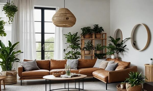 Light cozy minimalistic living room with brown leather sofa and potted house plants with round table and wicker lamp in boho style