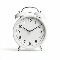Classic white alarm clock with black numbers on a white isolated background.