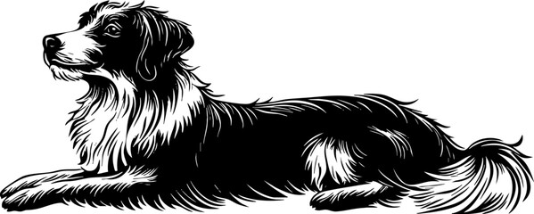 A stylized black and white illustration of a relaxed dog, showcasing its fur and playful demeanor.