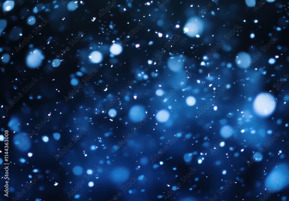 Poster magical winter wonderland with soft bokeh effect of snowflakes falling gently against a deep blue ba