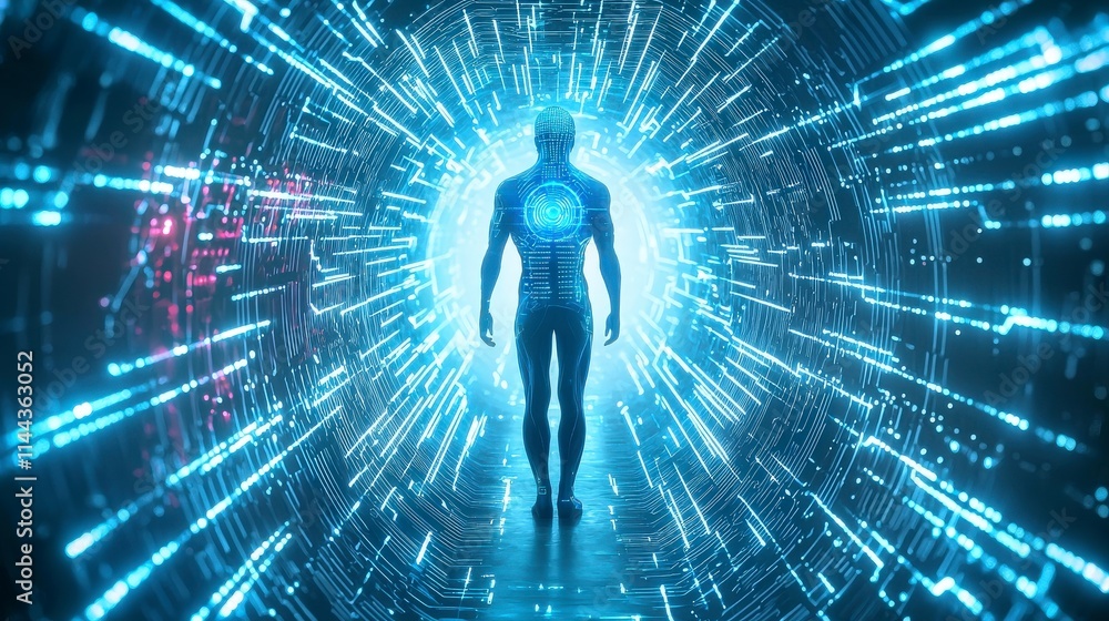 Aufkleber futuristic ai with glowing blue core digital realm sci-fi art cyber environment perspective of techn