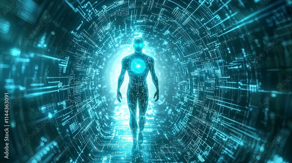 Poster futuristic ai with glowing blue core navigates digital realm sci-fi environment virtual space immers