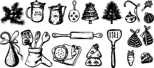A collection of hand-drawn kitchen utensils and holiday decorations, perfect for festive cooking and baking themes.