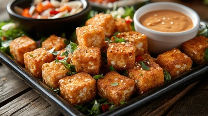 Crispy tofu bites arranged on a serving platter with a small bowl of peanut dipping sauce, ready to serve