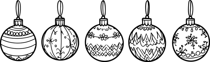 A collection of five hand-drawn Christmas ornaments featuring different decorative patterns, perfect for holiday-themed designs.
