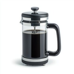 French press coffee maker with brewed coffee, isolated on white background.