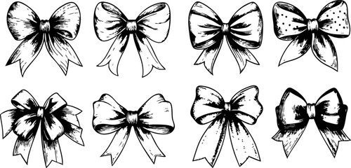 Fototapeta premium A collection of hand-drawn black and white bows, ideal for crafts, gifts, and decorative purposes.