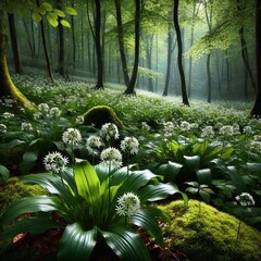 Fresh Wild Garlic Leaves and White Blossoms on the Forest Floor