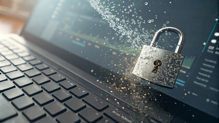 Digital security concept with padlock and data visualization