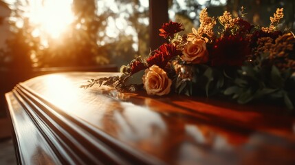 A wooden coffin with beautifully arranged flowers rests under the warm glow of sunlight, casting a reflection that evokes a sense of peace and finality in the scene.
