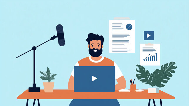 Professional Preparing for Online Webinar Presentation, Flat Design Illustration