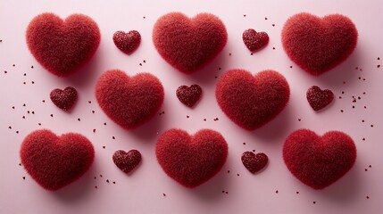 Fluffy red hearts and glitter on pink background.