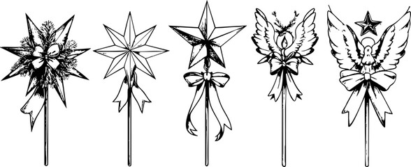 A collection of five decorative star and flower illustrations in black and white, ideal for festive designs.