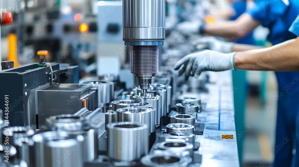 Aufkleber factory workers using automated machinery for precision manufacturing.