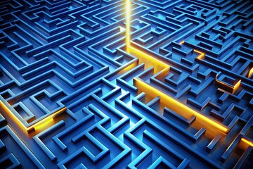 Long Exposure 3D Render: Blue Maze Solution Path, Abstract Problem Solving, Banner Image
