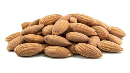 Fototapeta premium Almonds: A pile of raw almonds with smooth, brown skins, isolated on a clean white background. 