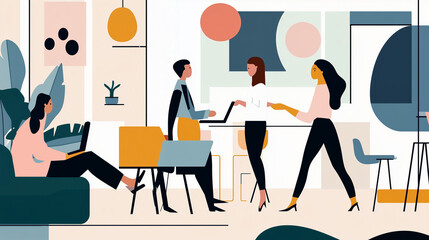 Professionals Networking in Open Workspace, Flat Design Illustration