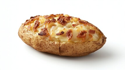 Baked Potato: A fully baked potato with a golden brown, crispy skin, isolated on a clean white surface