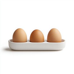 Three brown eggs in a white ceramic holder, minimalistic and elegant design.