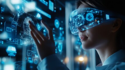 Young asian female engaged in virtual reality interface with futuristic technology