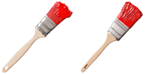 A red paintbrush with a wooden handle, featuring a thick bristle head coated in vibrant paint.